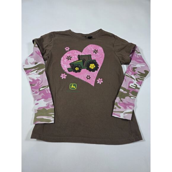 Girls John Deere Big Heart Long Sleeve Camo Shirt Large 14/16 - Picture 1 of 5
